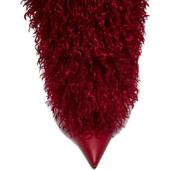 Women's Fur Red Pointed Toe Fold Over Wide Calf Knee High Heel Boots - Picture 6 of 7